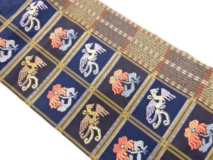 格子に鳳凰・花・縞模様織出し名古屋帯